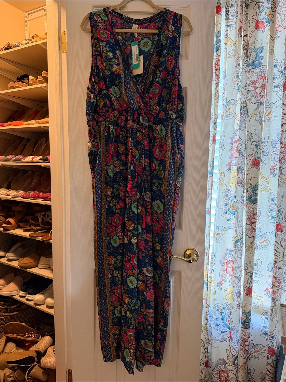 Floral V-Neck Maxi Jumpsuit - Navy with Pink & Teal